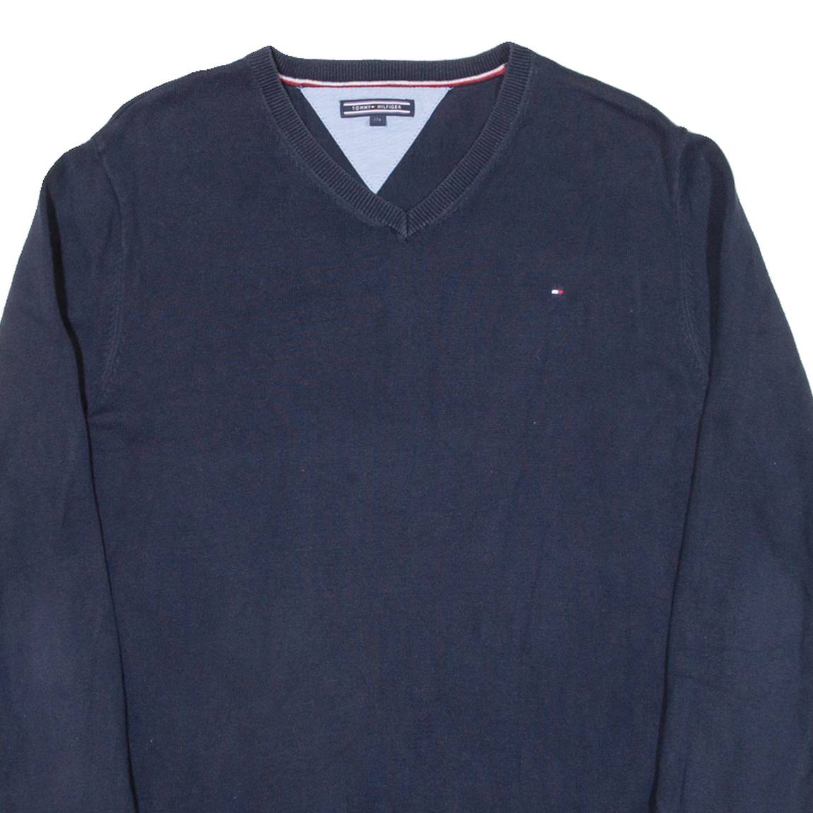 TOMMY HILFIGER Mens Jumper Blue V-Neck Tight Knit S