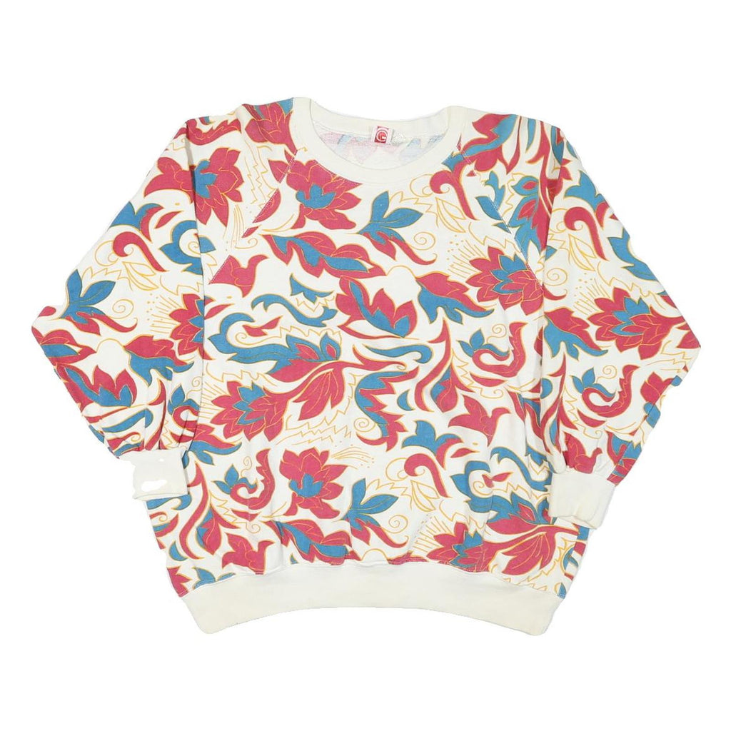 GEARING Womens White Floral Print Crew Neck Sweatshirt L Cotton Blend Casual