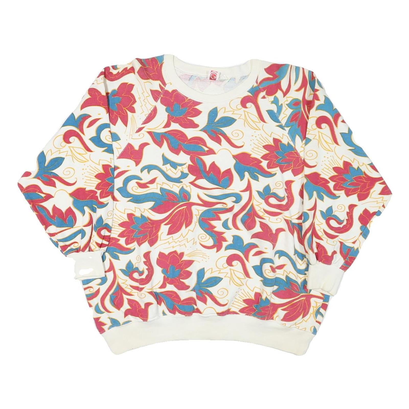 GEARING Womens White Floral Print Crew Neck Sweatshirt L Cotton Blend Casual