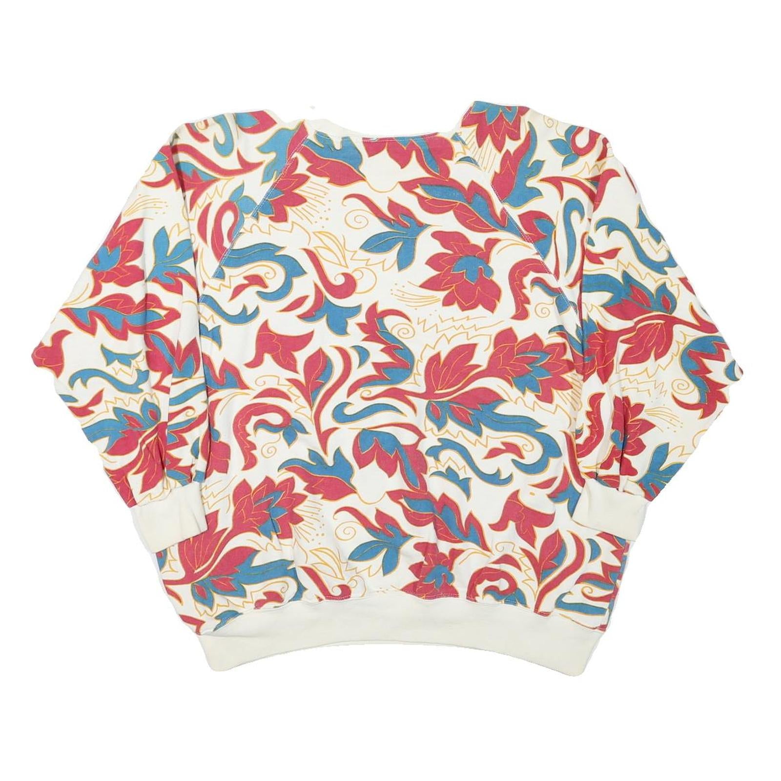 GEARING Womens White Floral Print Crew Neck Sweatshirt L Cotton Blend Casual