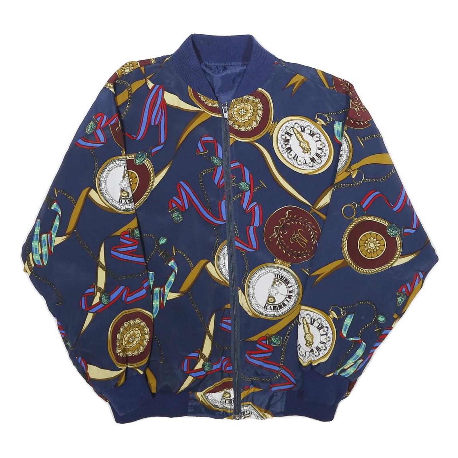 Womens Navy Blue Printed Bomber Jacket L Woven Zip Closure Retro Style
