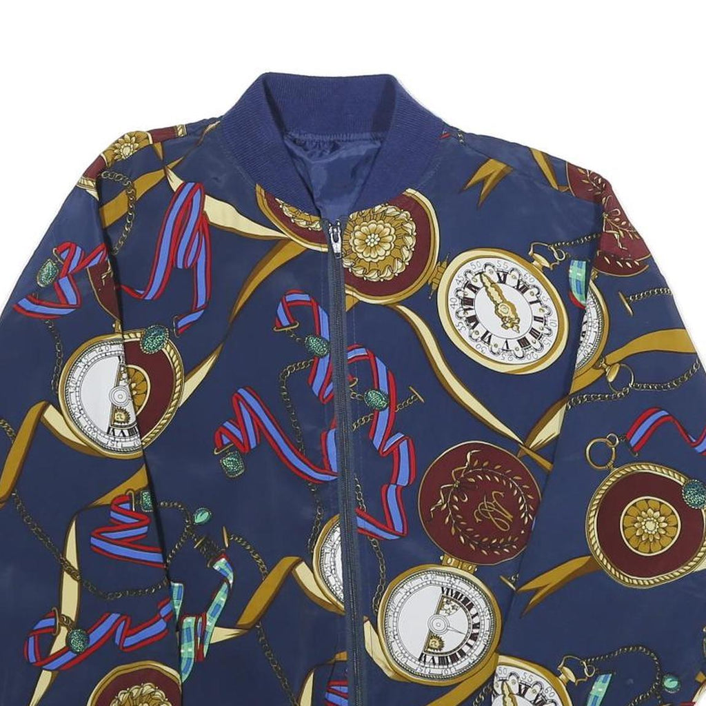 Womens Navy Blue Printed Bomber Jacket L Woven Zip Closure Retro Style