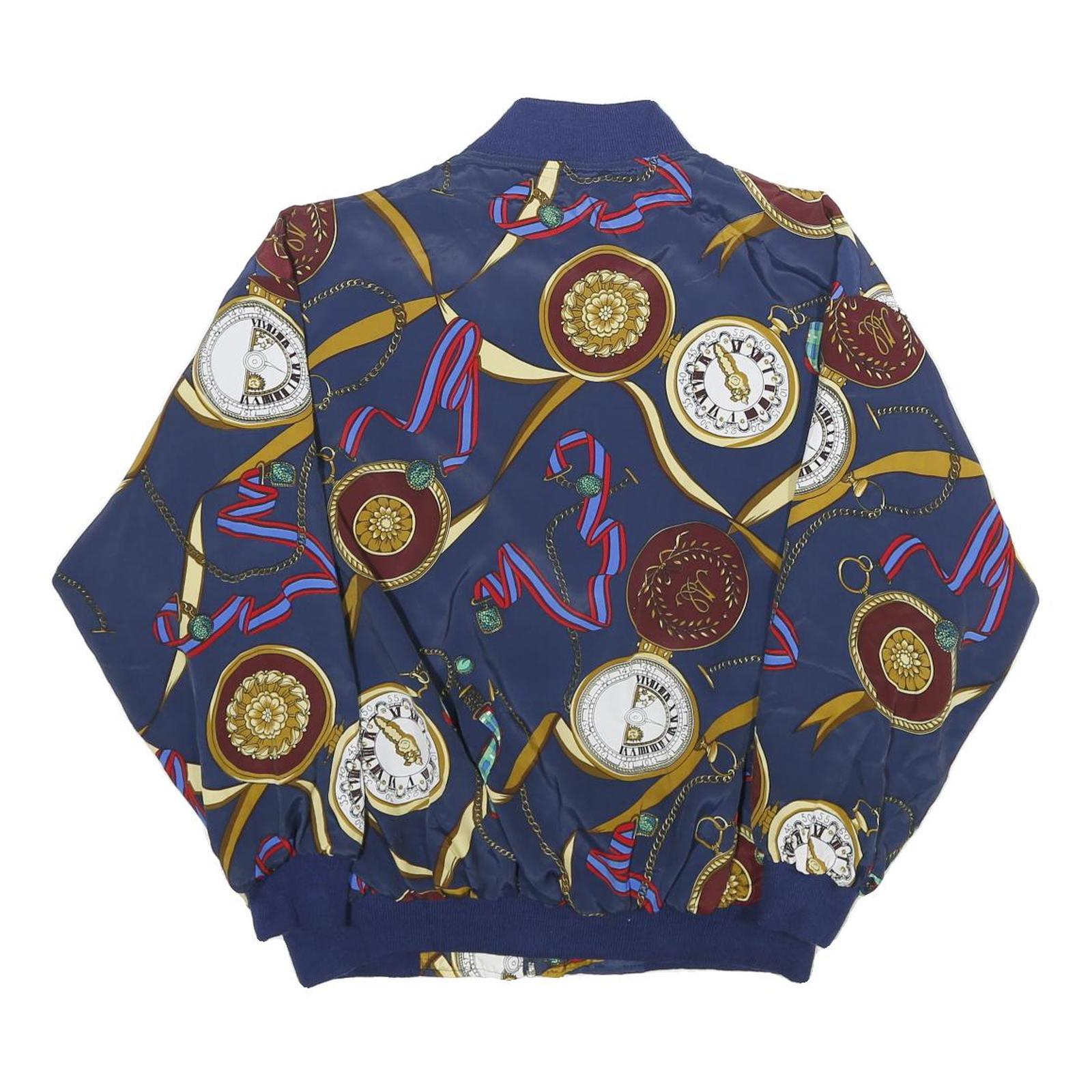 Womens Navy Blue Printed Bomber Jacket L Woven Zip Closure Retro Style
