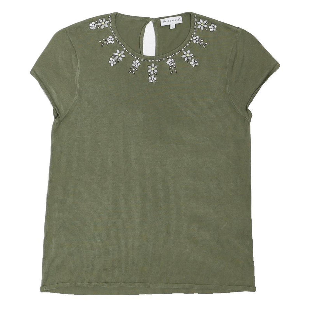 WAREHOUSE Womens Green Embellished Basic Short Sleeve Crew Neck Top UK 10