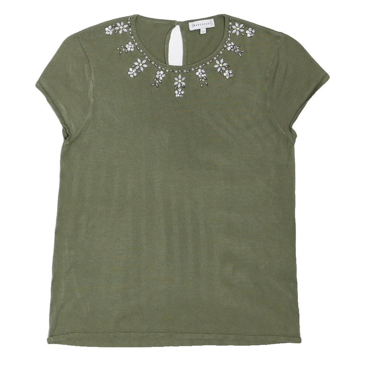 WAREHOUSE Womens Green Embellished Basic Short Sleeve Crew Neck Top UK 10