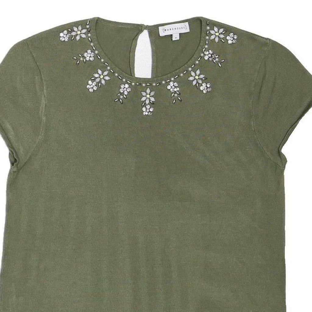 WAREHOUSE Womens Green Embellished Basic Short Sleeve Crew Neck Top UK 10