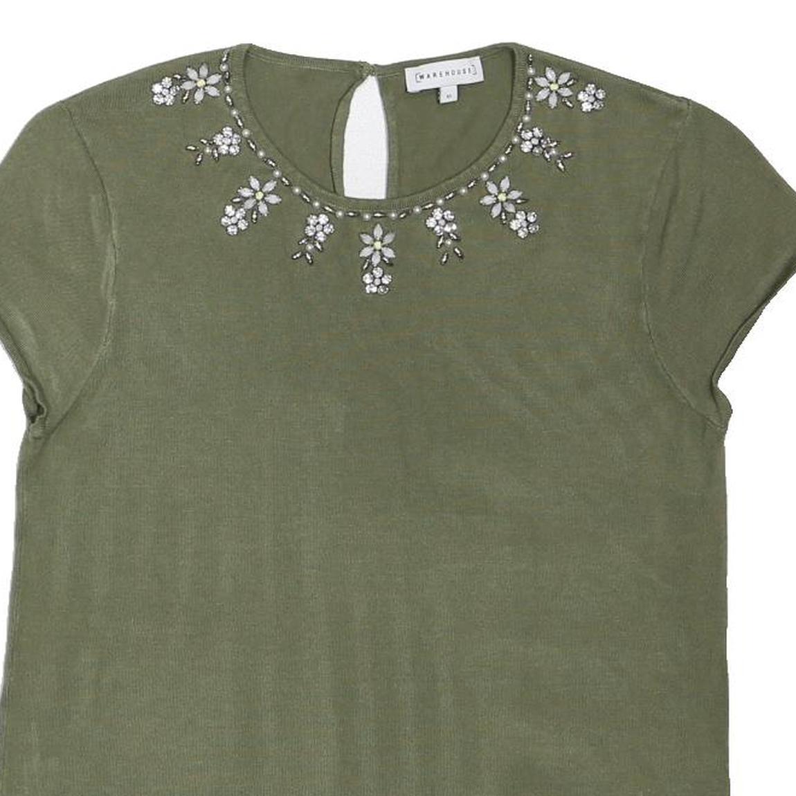 WAREHOUSE Womens Green Embellished Basic Short Sleeve Crew Neck Top UK 10