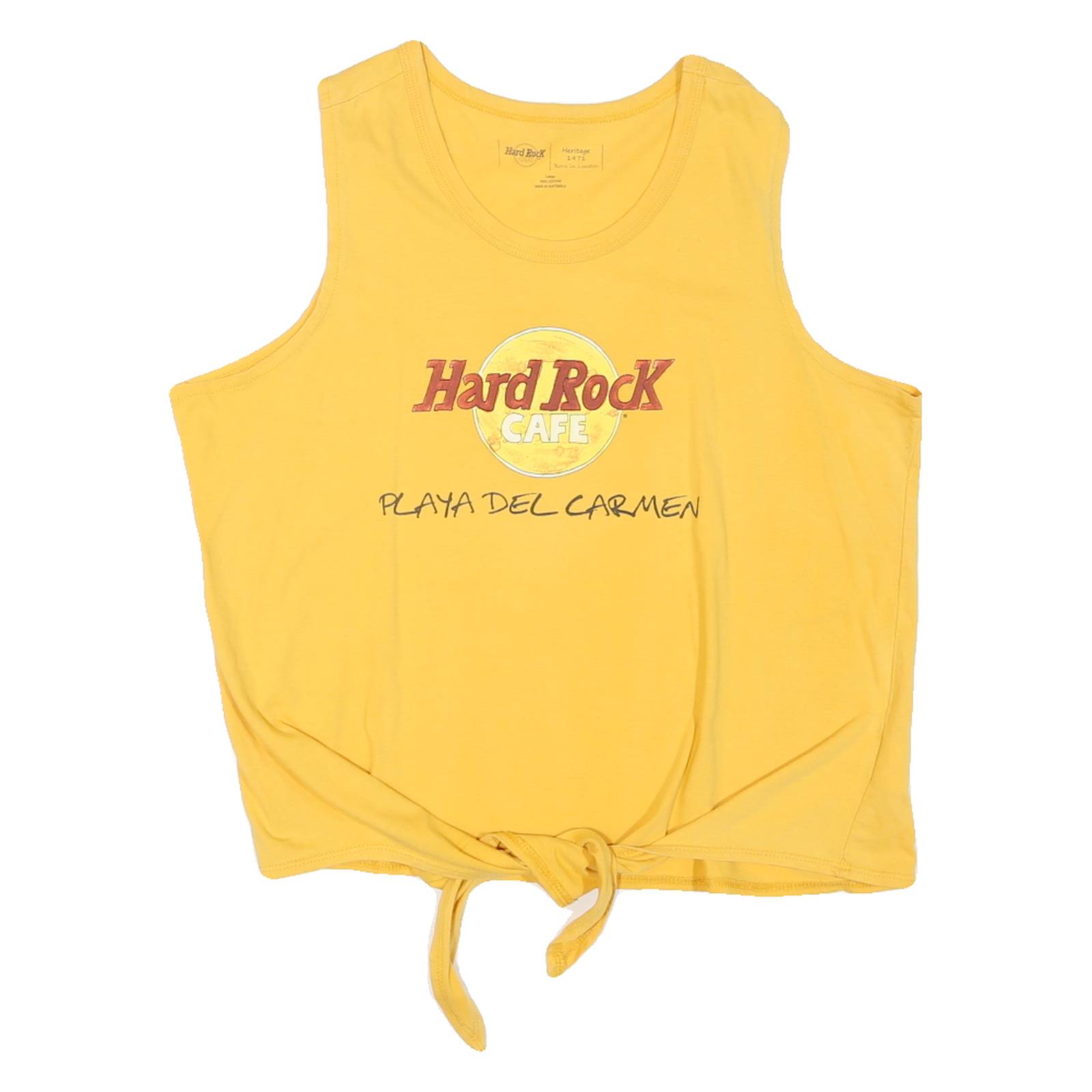 HARD ROCK CAFE Womens Yellow Playa Del Carmen Sleeveless Crew Neck T-Shirt L Tie