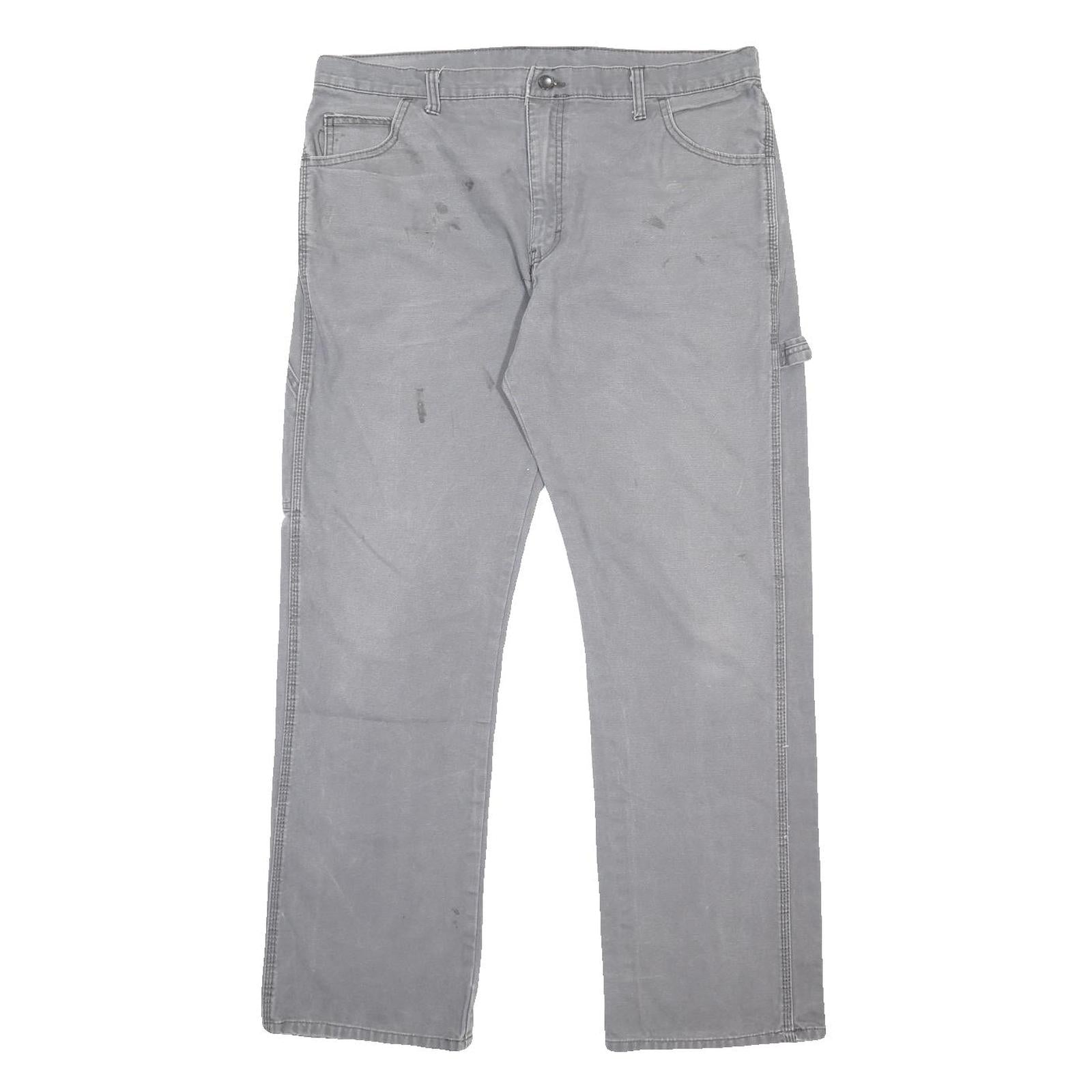 DICKIES Mens Cotton Blend Grey Relaxed Straight Trousers W36 L32 Workwear Zip
