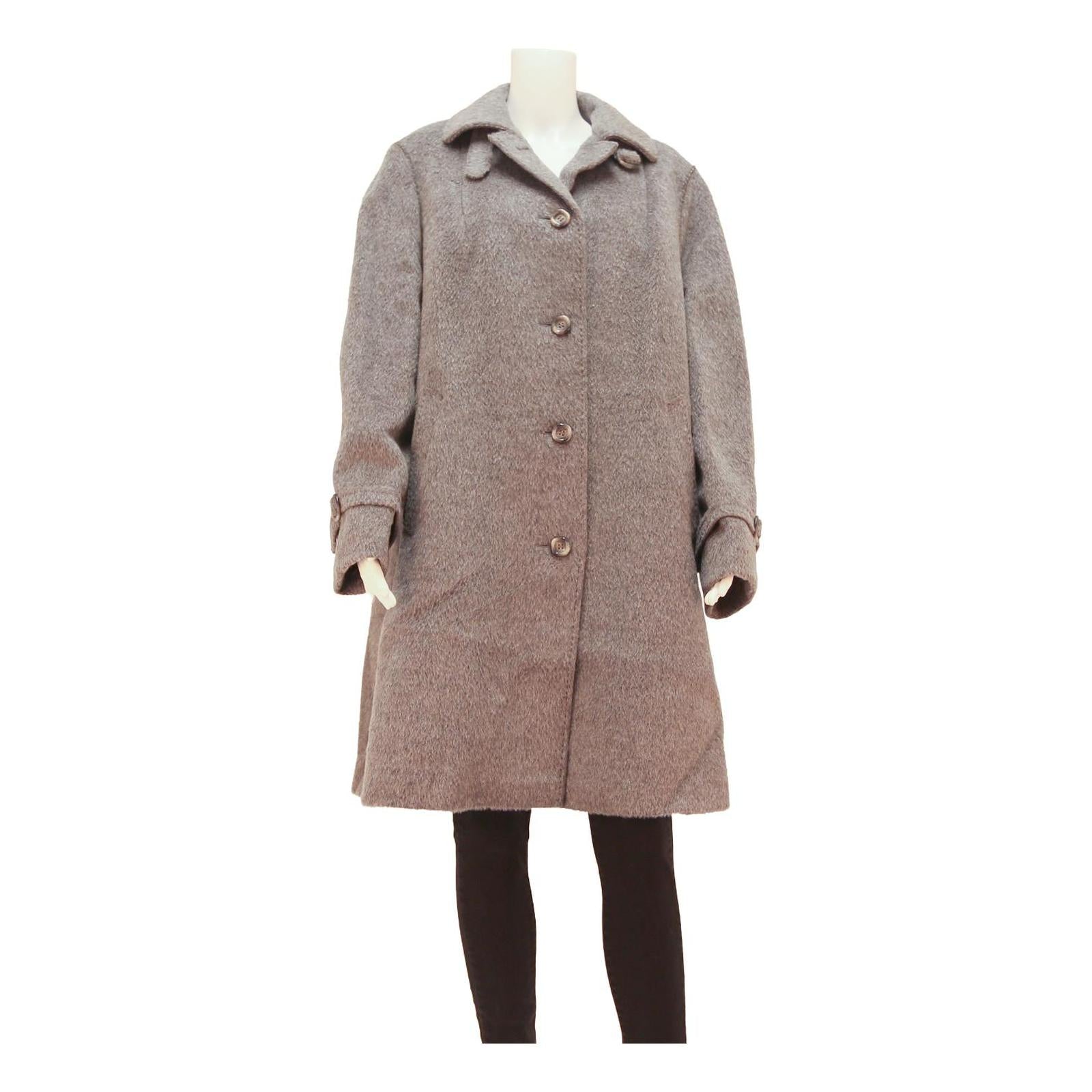 Womens Beige Wool Blend Button Jacket L Plain Mid Length Long Sleeve Classic