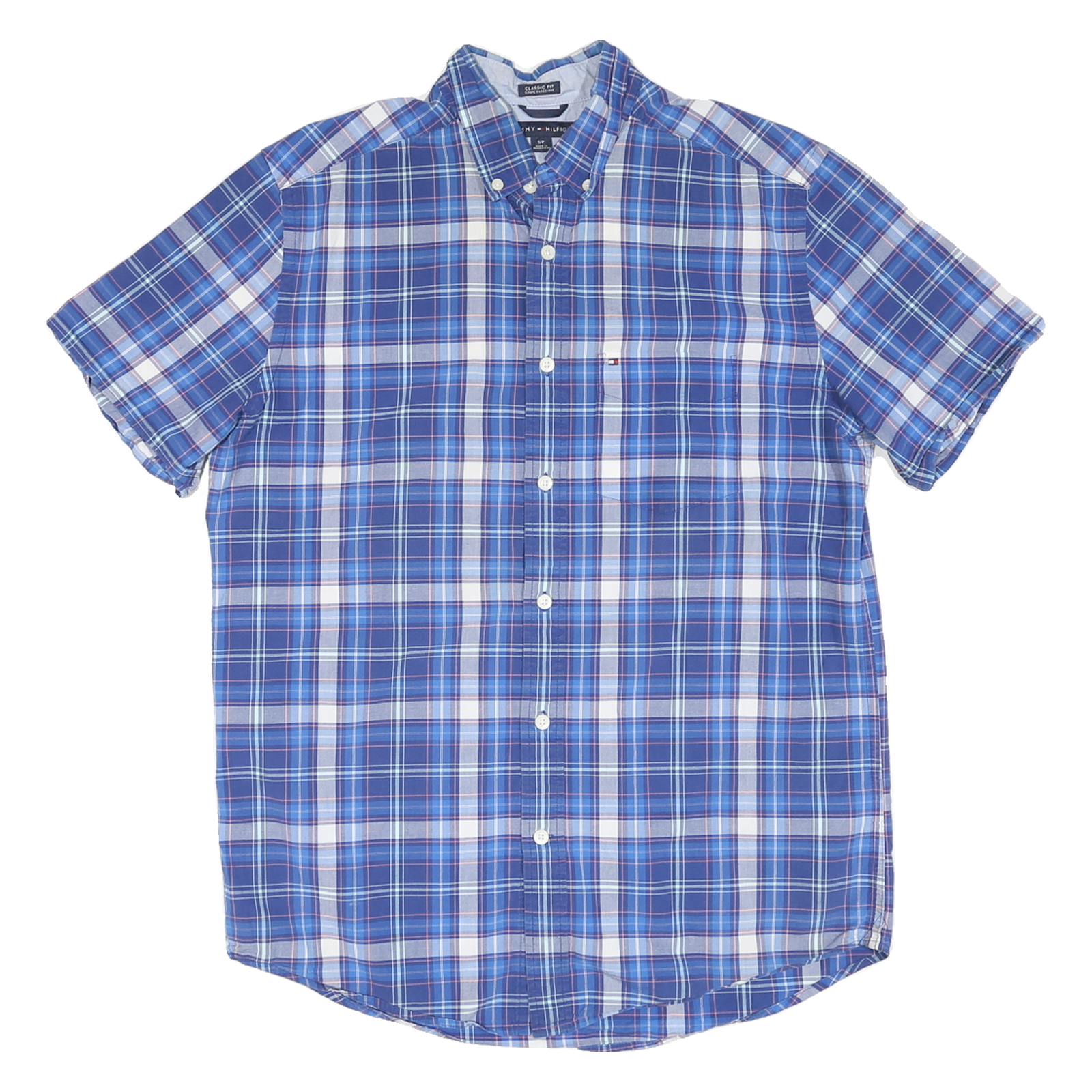 TOMMY HILFIGER Mens Blue & White Check Shirt S Classic Fit Cotton Blend