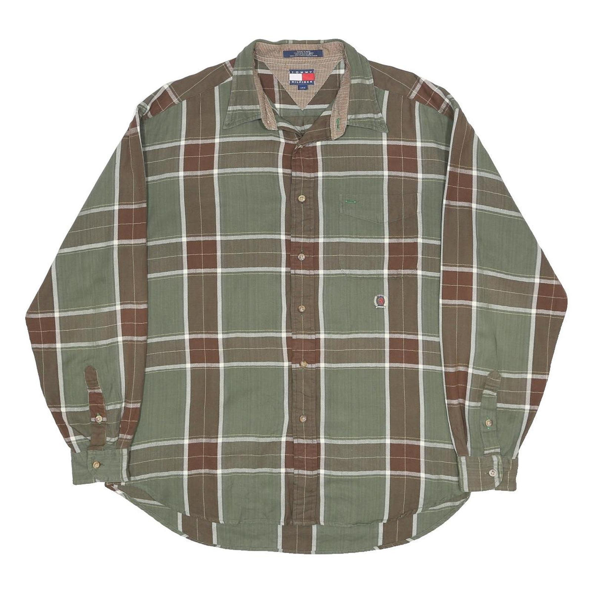 TOMMY HILFIGER Mens Green & Brown Plaid Cotton Shirt L Casual Long Sleeve Button