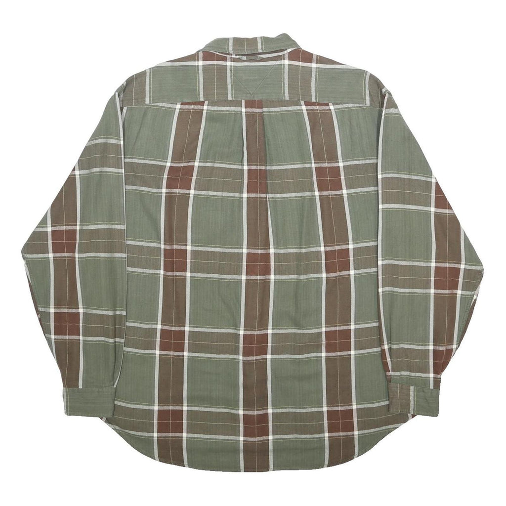 TOMMY HILFIGER Mens Green & Brown Plaid Cotton Shirt L Casual Long Sleeve Button