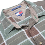 TOMMY HILFIGER Mens Green & Brown Plaid Cotton Shirt L Casual Long Sleeve Button