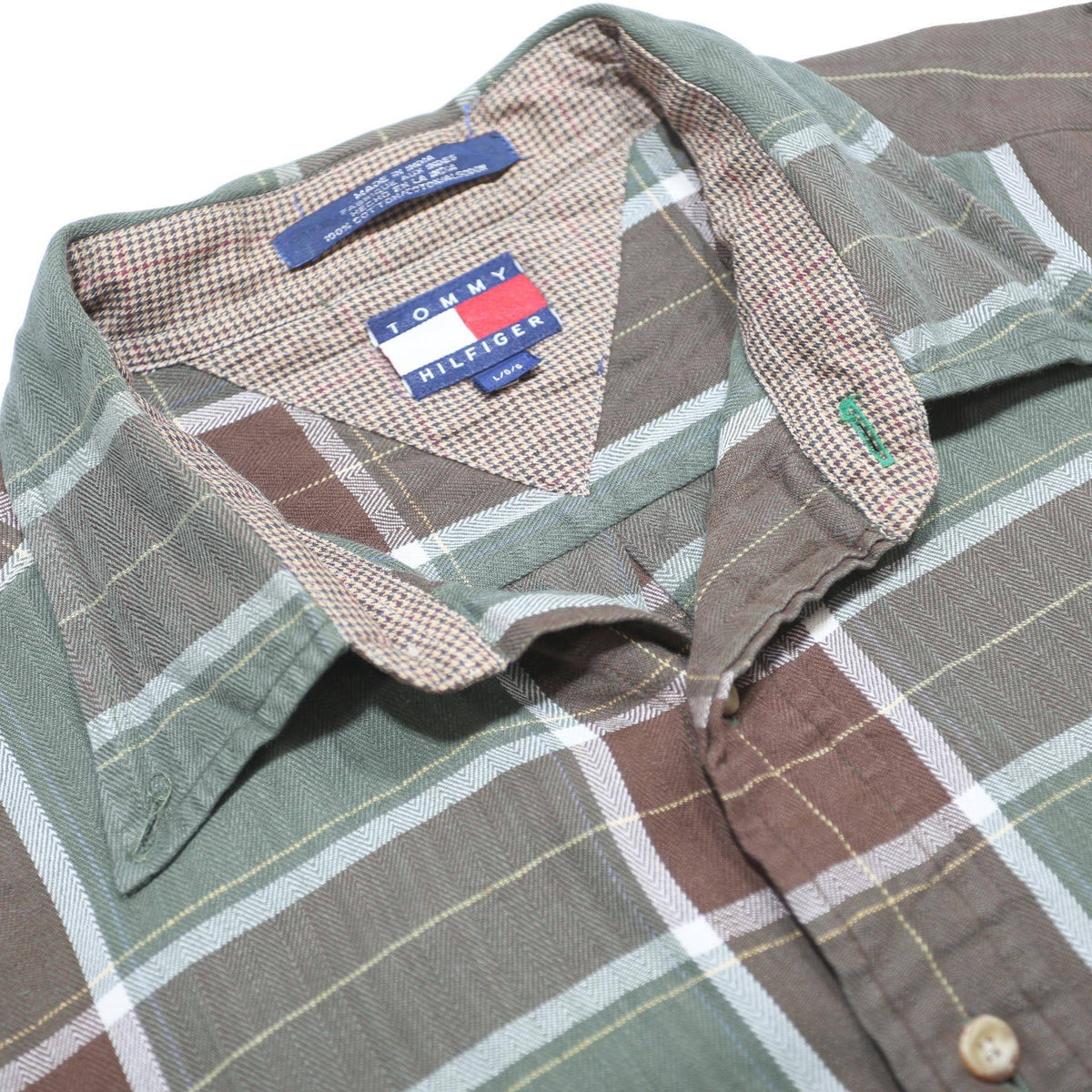 TOMMY HILFIGER Mens Green & Brown Plaid Cotton Shirt L Casual Long Sleeve Button
