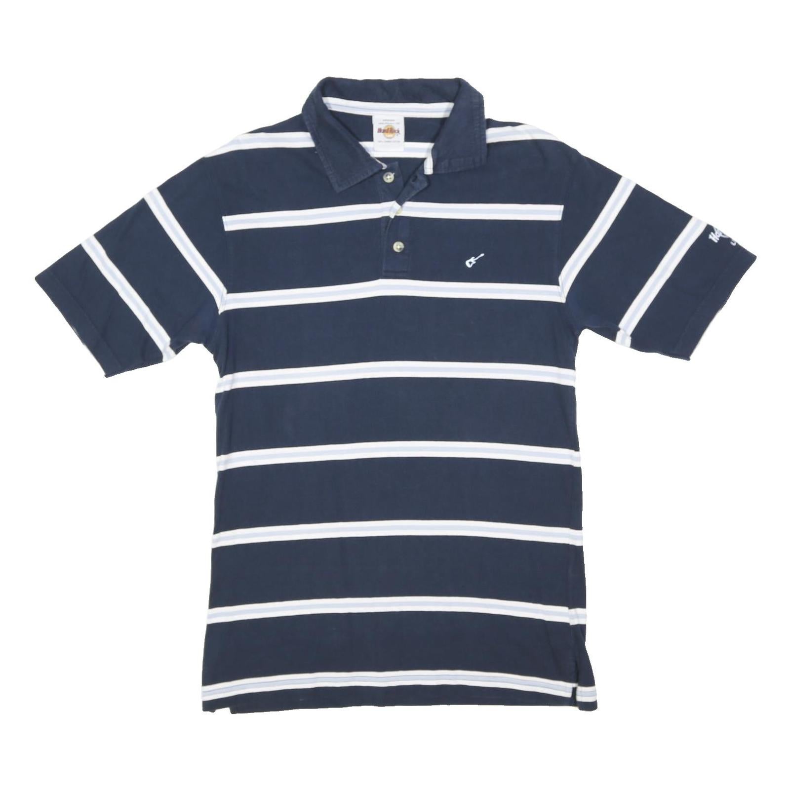 HARD ROCK CAFE Mens Navy & White Striped Cotton Blend Short Sleeve M Polo Shirt