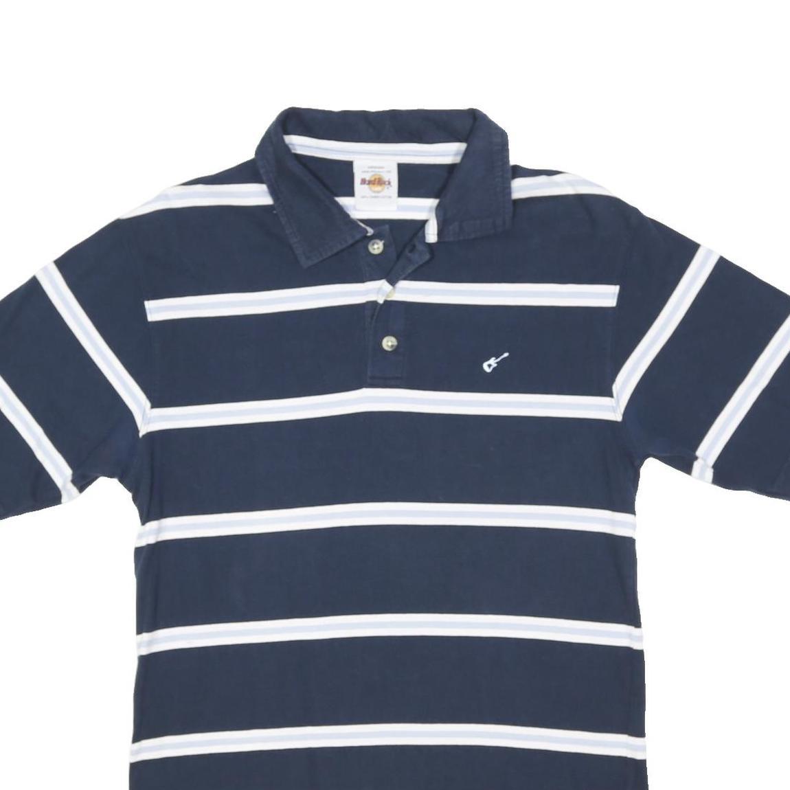 HARD ROCK CAFE Mens Navy & White Striped Cotton Blend Short Sleeve M Polo Shirt