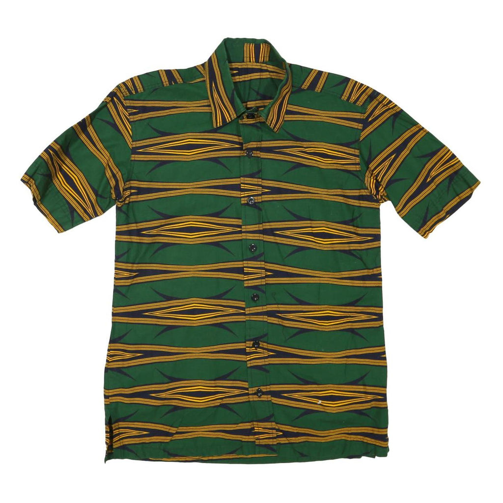 Mens Green & Yellow Patterned Cotton Blend Shirt M Short Sleeve Button Collar