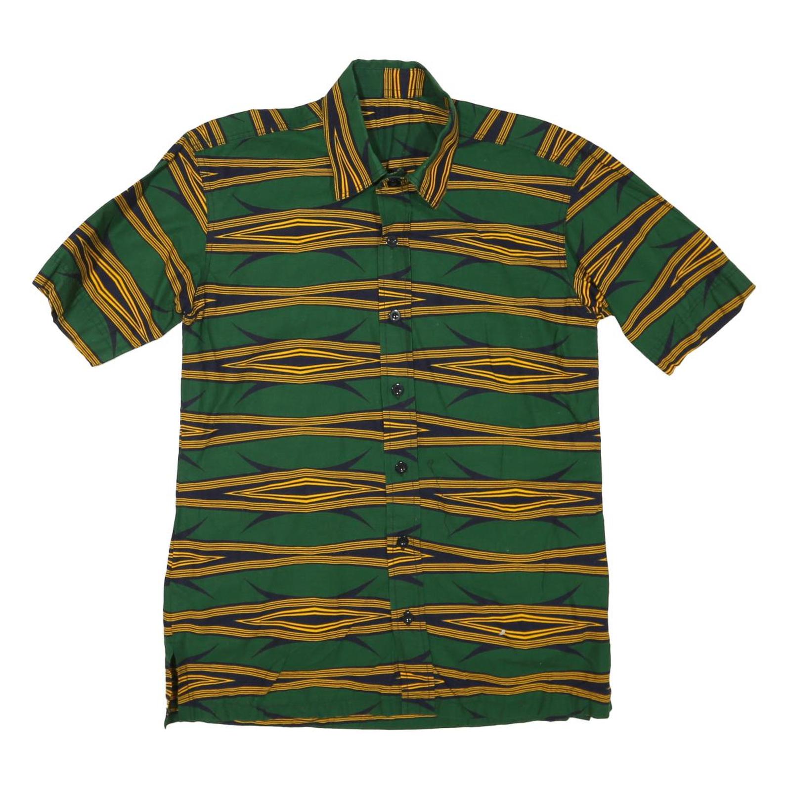Mens Green & Yellow Patterned Cotton Blend Shirt M Short Sleeve Button Collar