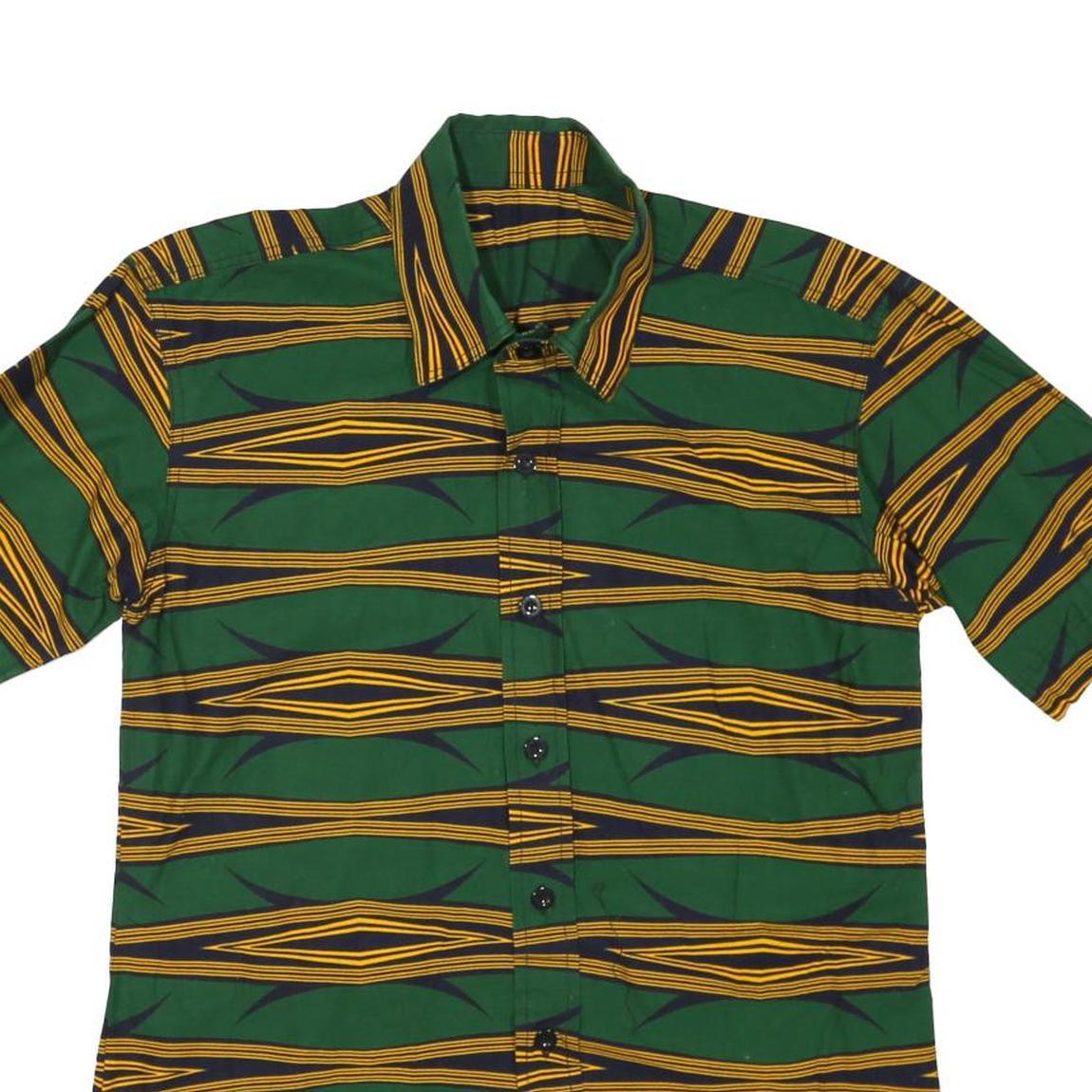 Mens Green & Yellow Patterned Cotton Blend Shirt M Short Sleeve Button Collar