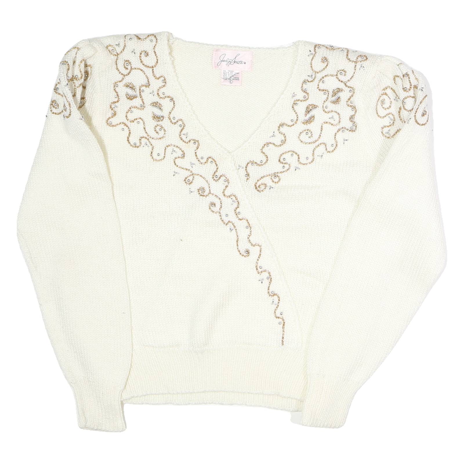 JOCELYN SMITH Womens Cream Wool Patterned V-Neck Basic Knit L Elegant Pullover
