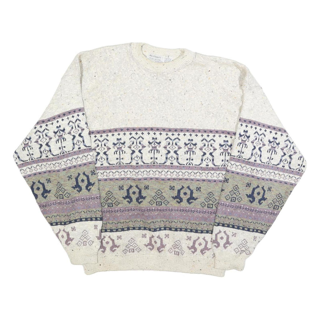 AUSTERITY Mens Cream Patterned Jumper Crew Neck Basic Knit M Cotton Casual Style