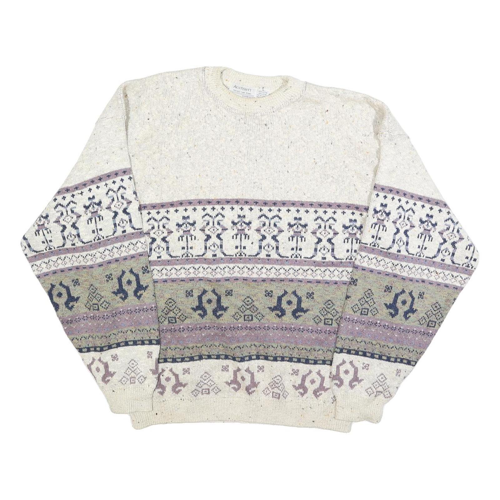 AUSTERITY Mens Cream Patterned Jumper Crew Neck Basic Knit M Cotton Casual Style