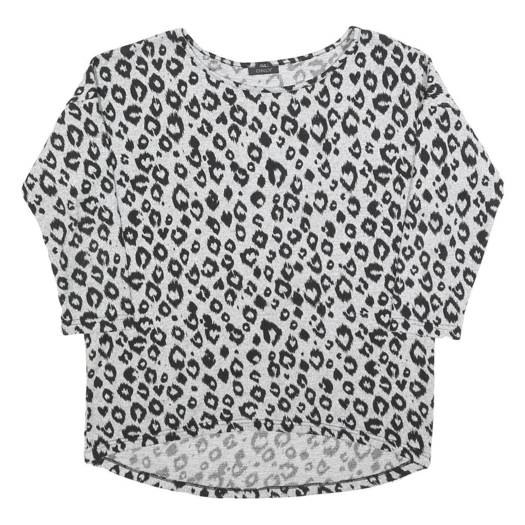ONLY Womens Grey Black Animal Print Patterned Cotton Blend Jumper S Crew Neck