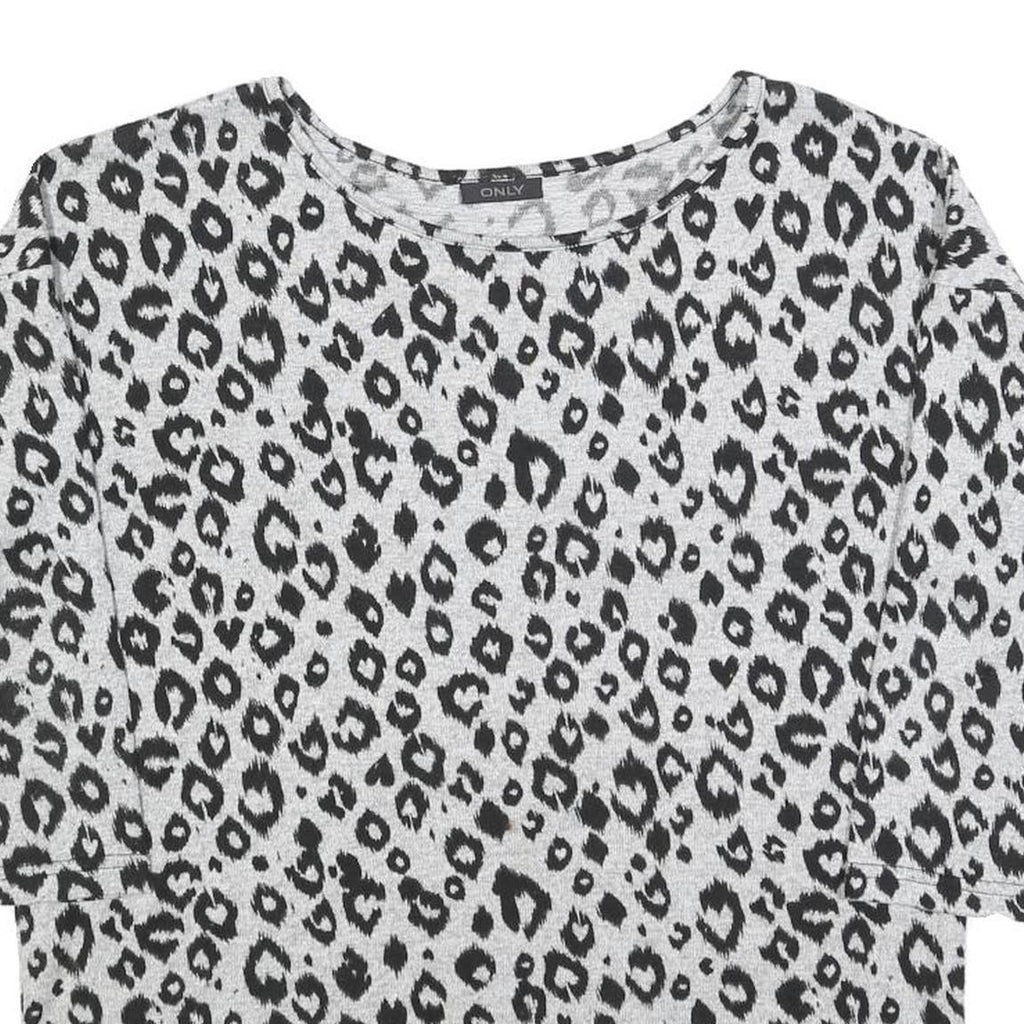 ONLY Womens Grey Black Animal Print Patterned Cotton Blend Jumper S Crew Neck