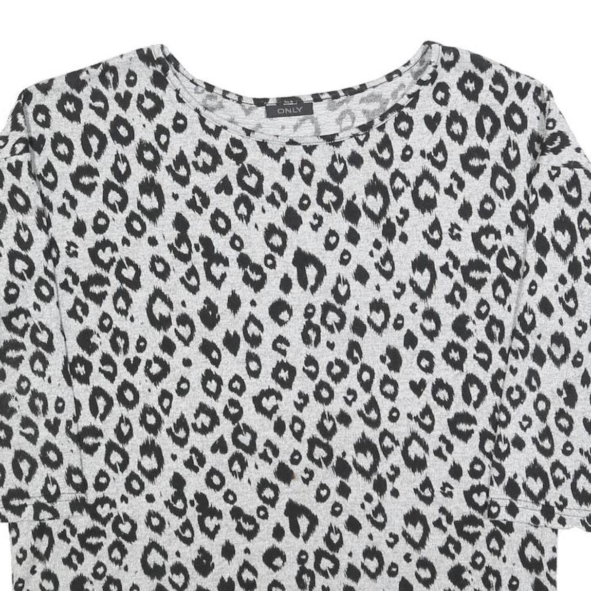 ONLY Womens Grey Black Animal Print Patterned Cotton Blend Jumper S Crew Neck