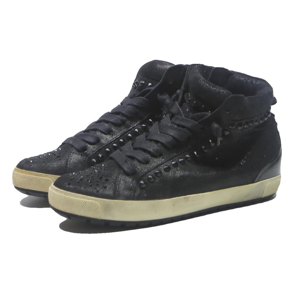 KENNEL Womens High Top Trainers Black Leather UK 4.5 Studded Lace-Up Casual