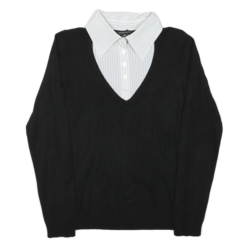 CASTRO Womens Black Plain V-Neck Basic Knit Jumper M Cotton Blend Layered Look