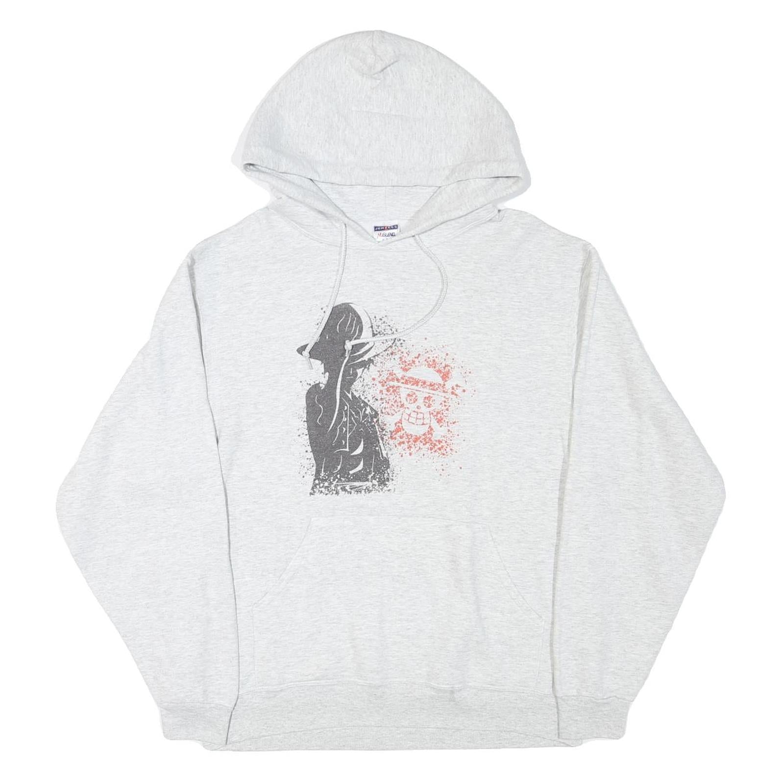 JERZEES Mens Grey Hoodie M Cotton Blend Pullover Graphic Print Casual