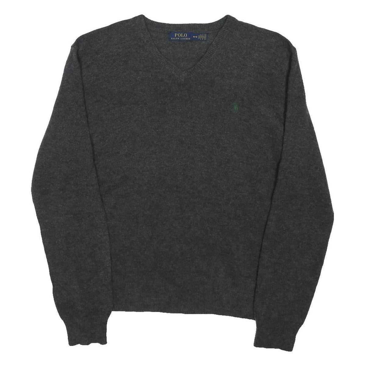 POLO RALPH LAUREN Mens Grey Plain Cotton Blend Jumper V-Neck Basic Knit M