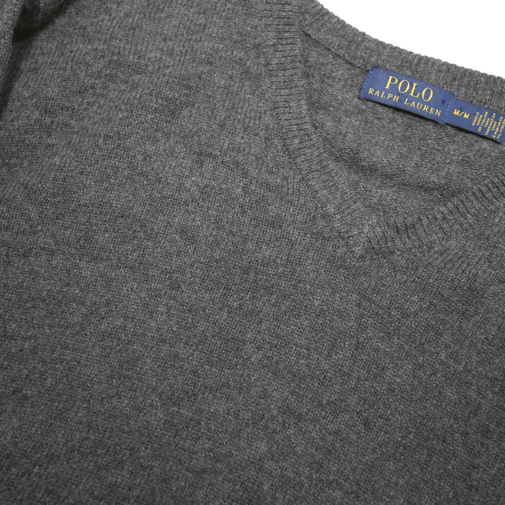 POLO RALPH LAUREN Mens Grey Plain Cotton Blend Jumper V-Neck Basic Knit M
