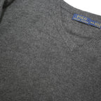 POLO RALPH LAUREN Mens Grey Plain Cotton Blend Jumper V-Neck Basic Knit M