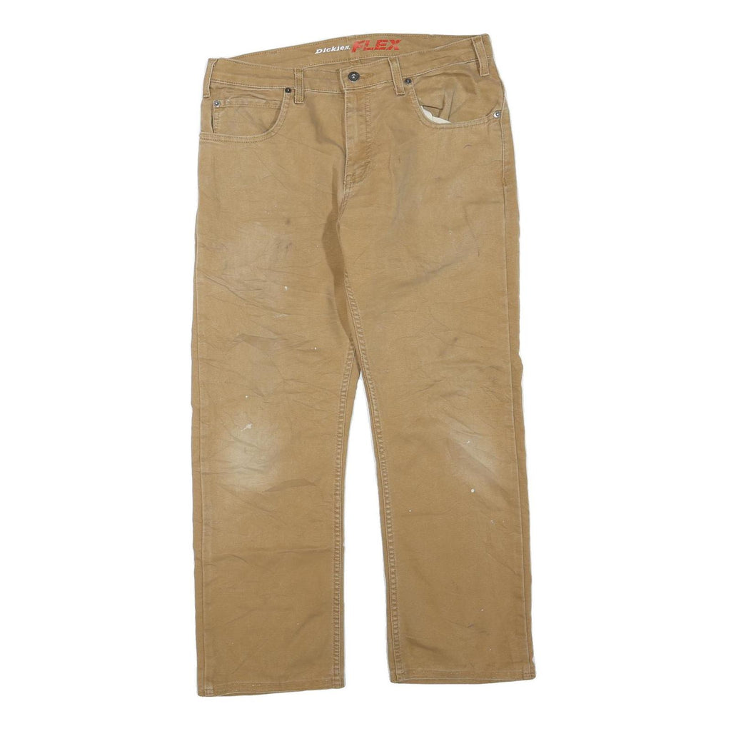 DICKIES Mens Regular Beige Cotton Blend Workwear Trousers W34 L27 Zip Closure