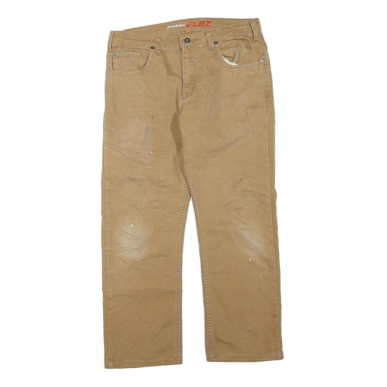 DICKIES Mens Regular Beige Cotton Blend Workwear Trousers W34 L27 Zip Closure