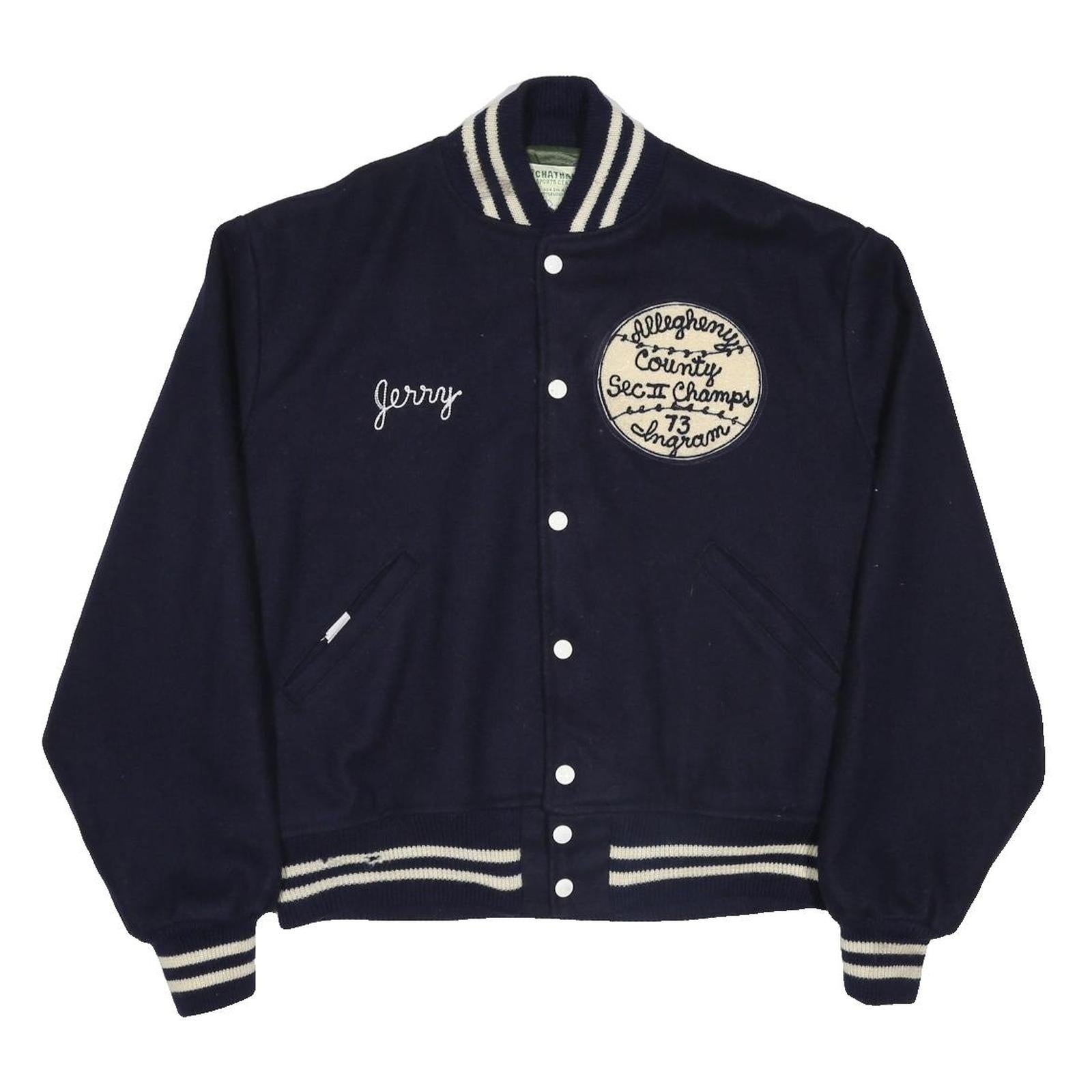 CHATNAM SPORTS CENTER Mens Navy Blue Varsity Wool Jacket L Button Closed Striped