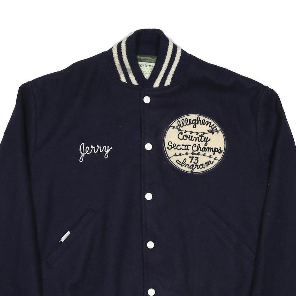 CHATNAM SPORTS CENTER Mens Navy Blue Varsity Wool Jacket L Button Closed Striped