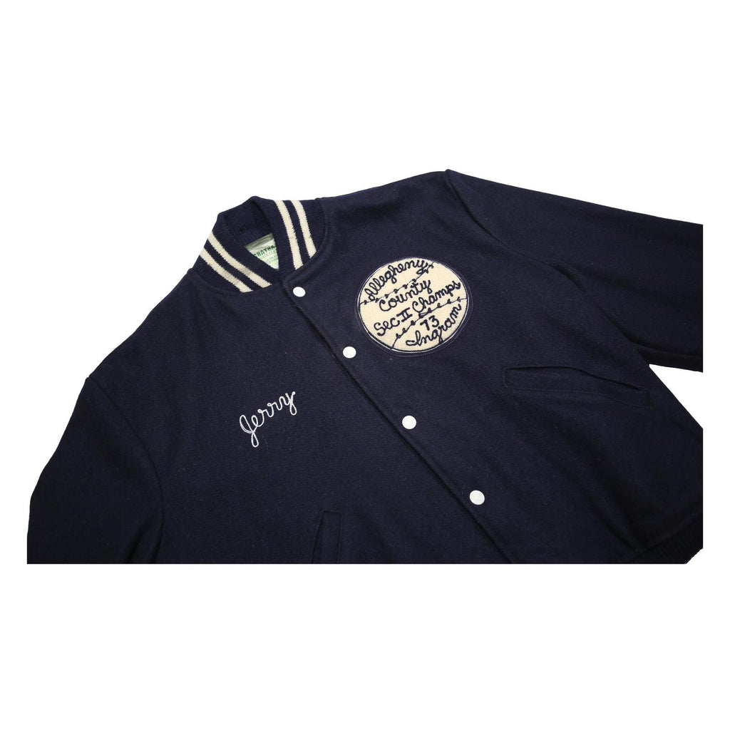 CHATNAM SPORTS CENTER Mens Navy Blue Varsity Wool Jacket L Button Closed Striped