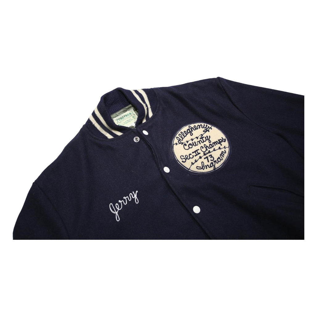 CHATNAM SPORTS CENTER Mens Navy Blue Varsity Wool Jacket L Button Closed Striped