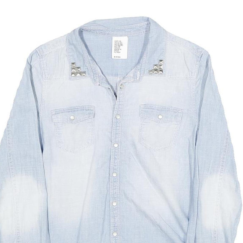 H&M Womens Light Blue Denim Shirt Long Sleeve Button Neck S Cotton Blend Casual