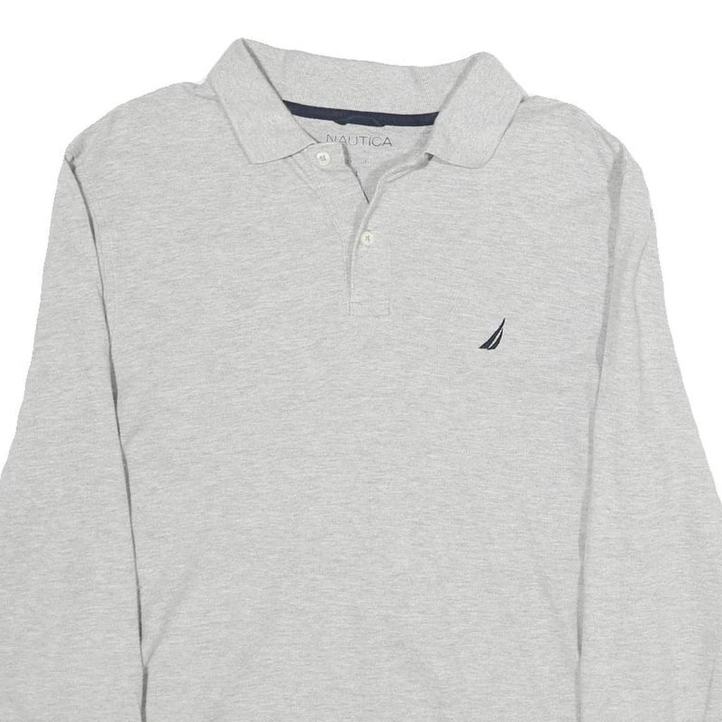NAUTICA Mens Grey Long Sleeve Plain Polo Shirt L Cotton Classic Fit Button