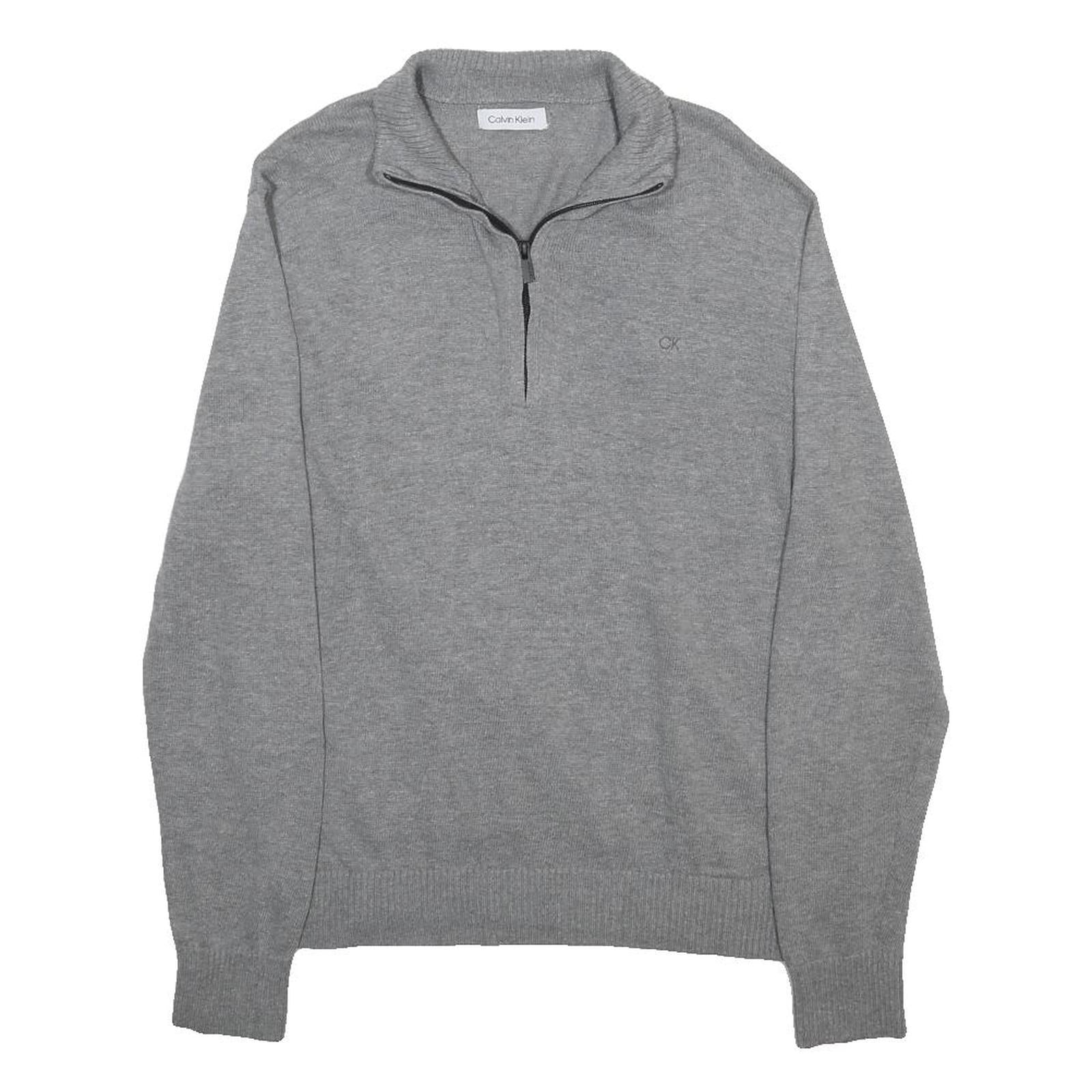 CALVIN KLEIN Mens Grey Plain Pullover Jumper Crew Neck Basic Knit M Cotton Blend