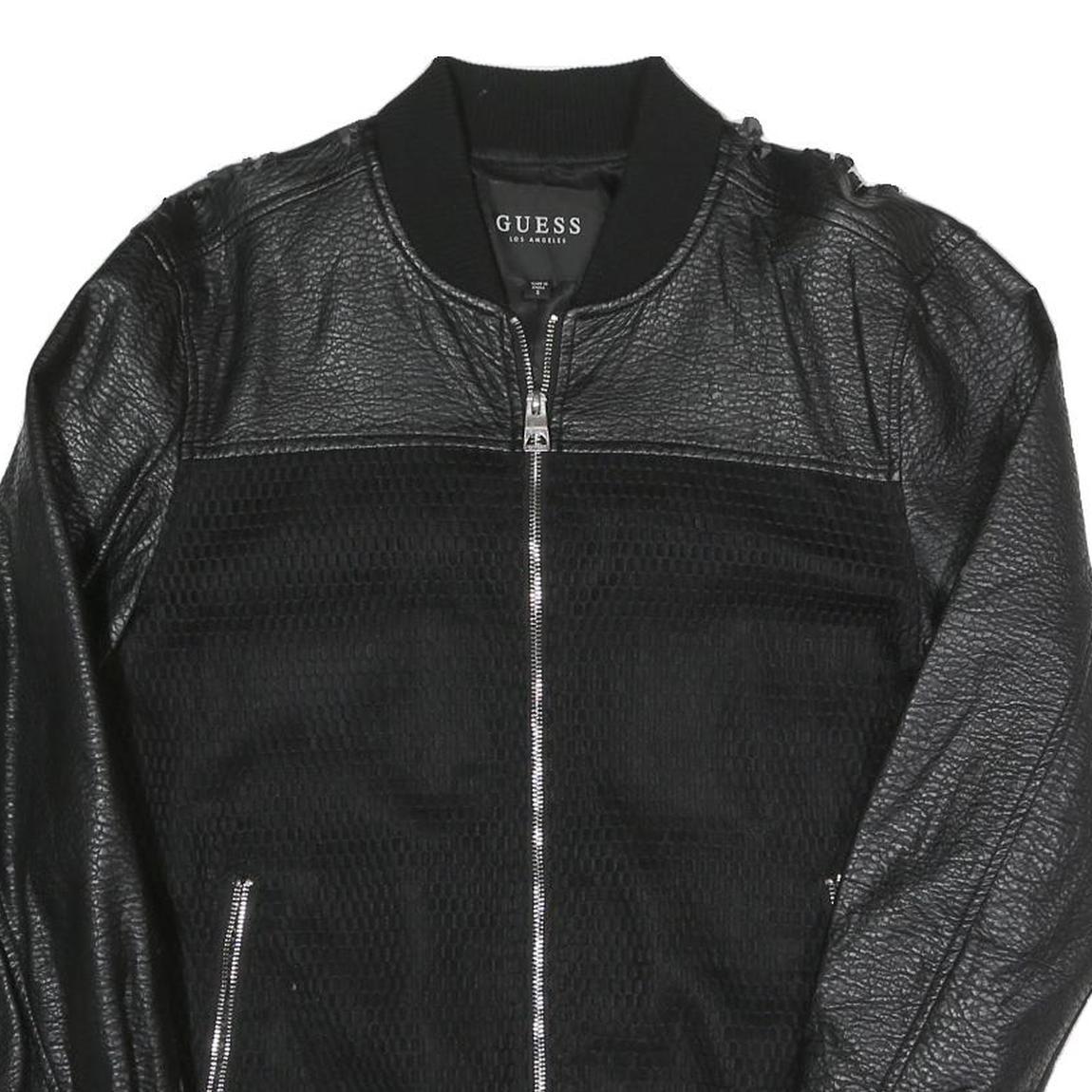 GUESS Mens Black Bomber Jacket S Polyester Blend Textured Zip Fastening