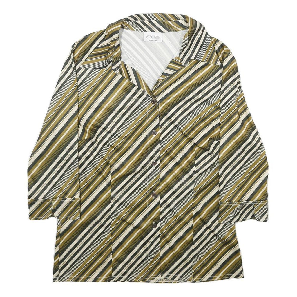 CANDA Womens Green & Cream Striped Shirt UK 14 Button Down Casual Stylish