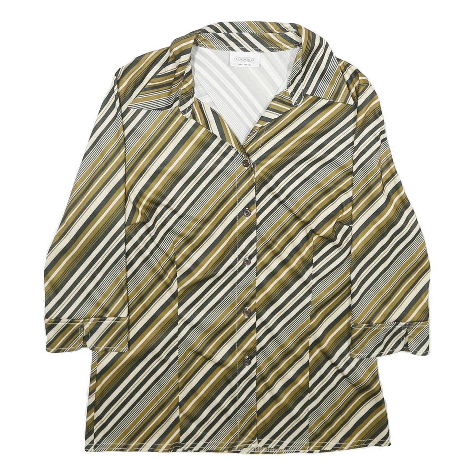 CANDA Womens Green & Cream Striped Shirt UK 14 Button Down Casual Stylish
