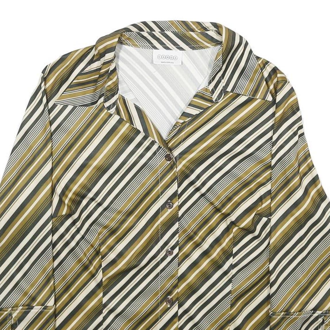 CANDA Womens Green & Cream Striped Shirt UK 14 Button Down Casual Stylish