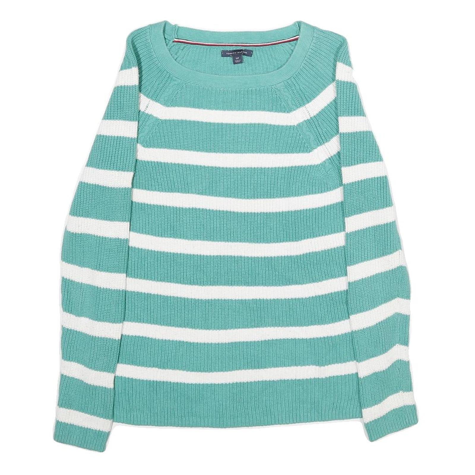 TOMMY HILFIGER Womens Green & White Patterned Cotton Jumper Round Neck Basic